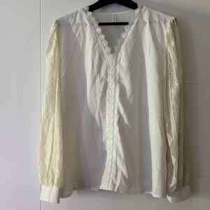 Lace-Trim V-Neck Blouse in Cream